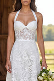 Floral Ivory Corset Halter Neck A-Line Midi Engagement Dress