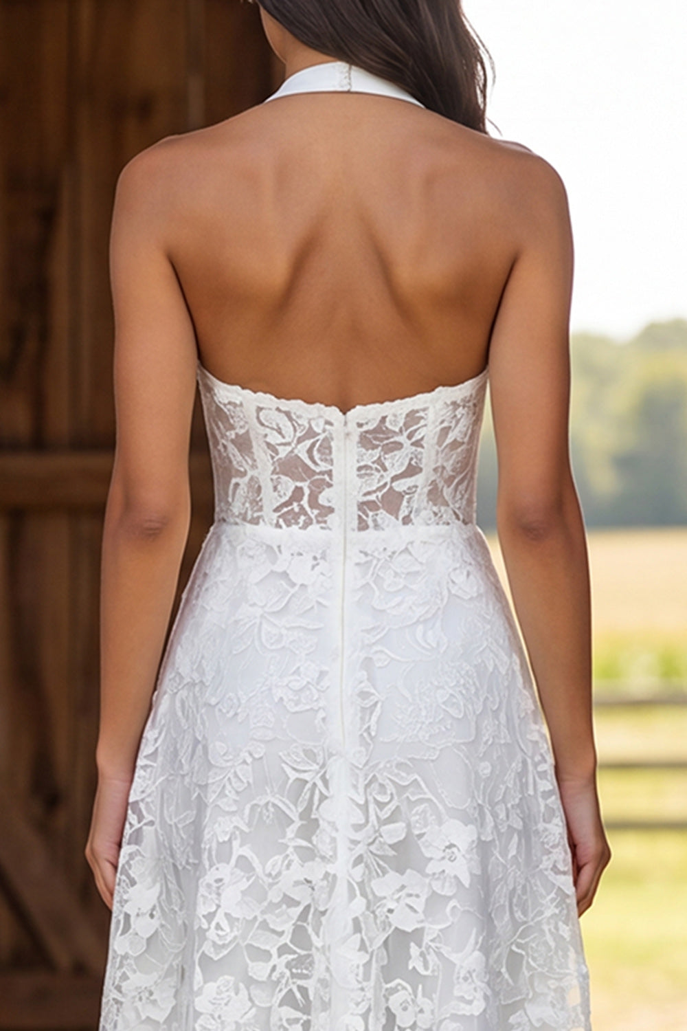 Floral Ivory Corset Halter Neck A-Line Midi Engagement Dress