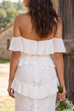 Ivory Lace Tiered Ruffled Mermaid Midi Engagement Dress with Slit