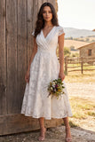 Ivory Ruched A-Line Midi Engagement Dress with Cap Sleeves