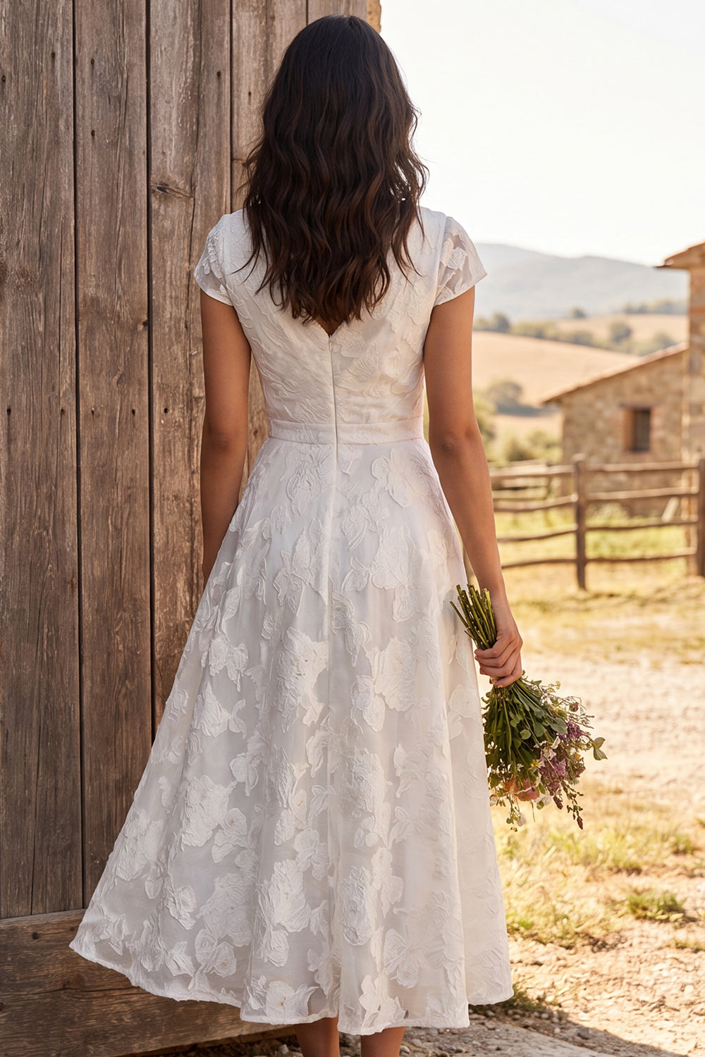Ivory Ruched A-Line Midi Engagement Dress with Cap Sleeves