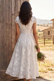 Ivory Ruched A-Line Midi Engagement Dress with Cap Sleeves