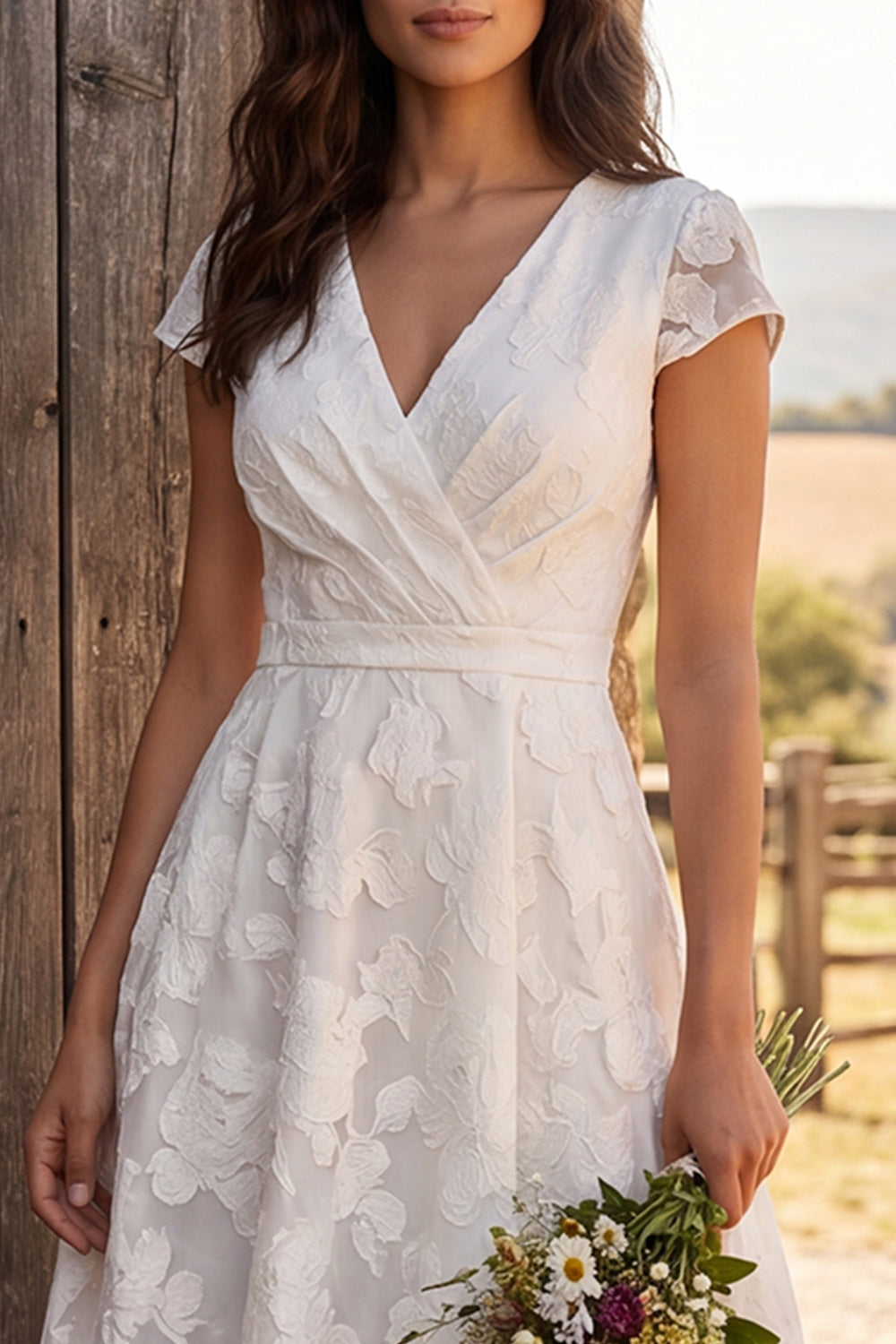 Ivory Ruched A-Line Midi Engagement Dress with Cap Sleeves