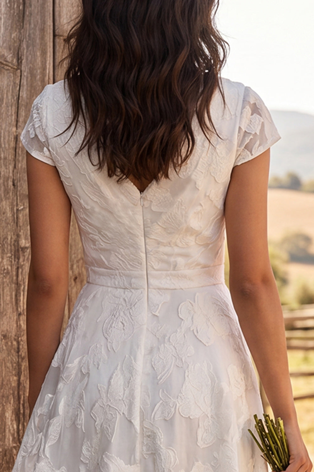 Ivory Ruched A-Line Midi Engagement Dress with Cap Sleeves