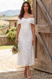 Ivory Floral Off The Shoulder Sheath Midi Engagement Dress