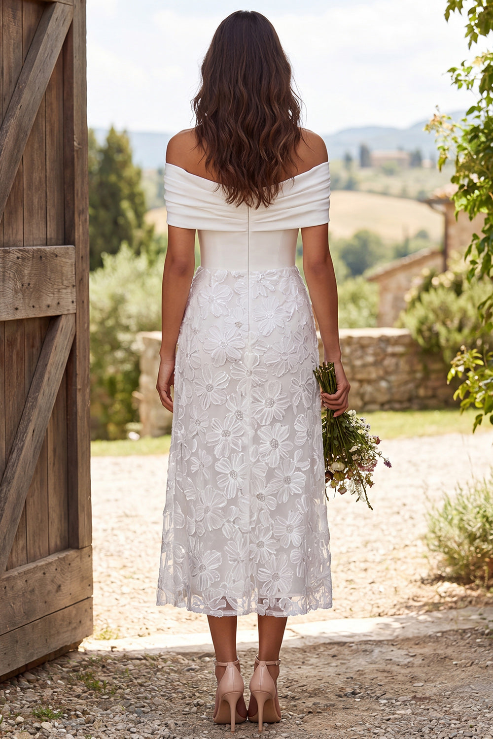 Ivory Floral Off The Shoulder Sheath Midi Engagement Dress