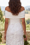 Ivory Floral Off The Shoulder Sheath Midi Engagement Dress