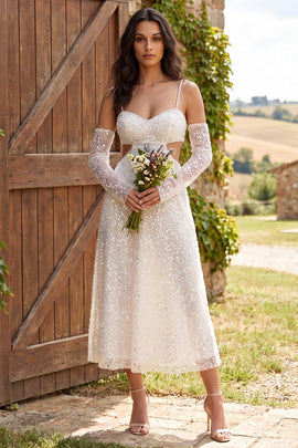 Ivory Sparkly Sequin A-Line Midi Engagement Dress with Sleeves