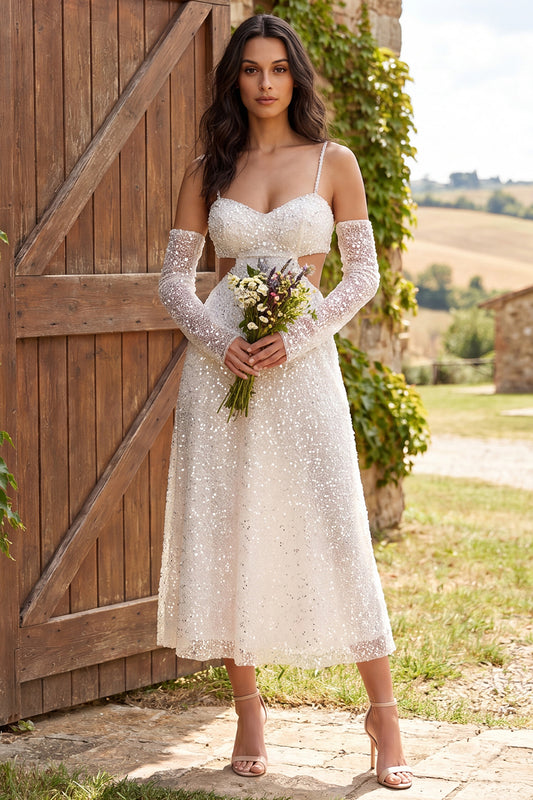 Ivory Sparkly Sequin A-Line Cut Out Maxi Engagement Dress