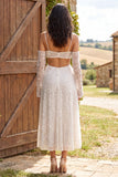 Ivory Sparkly Sequin A-Line Midi Engagement Dress with Sleeves