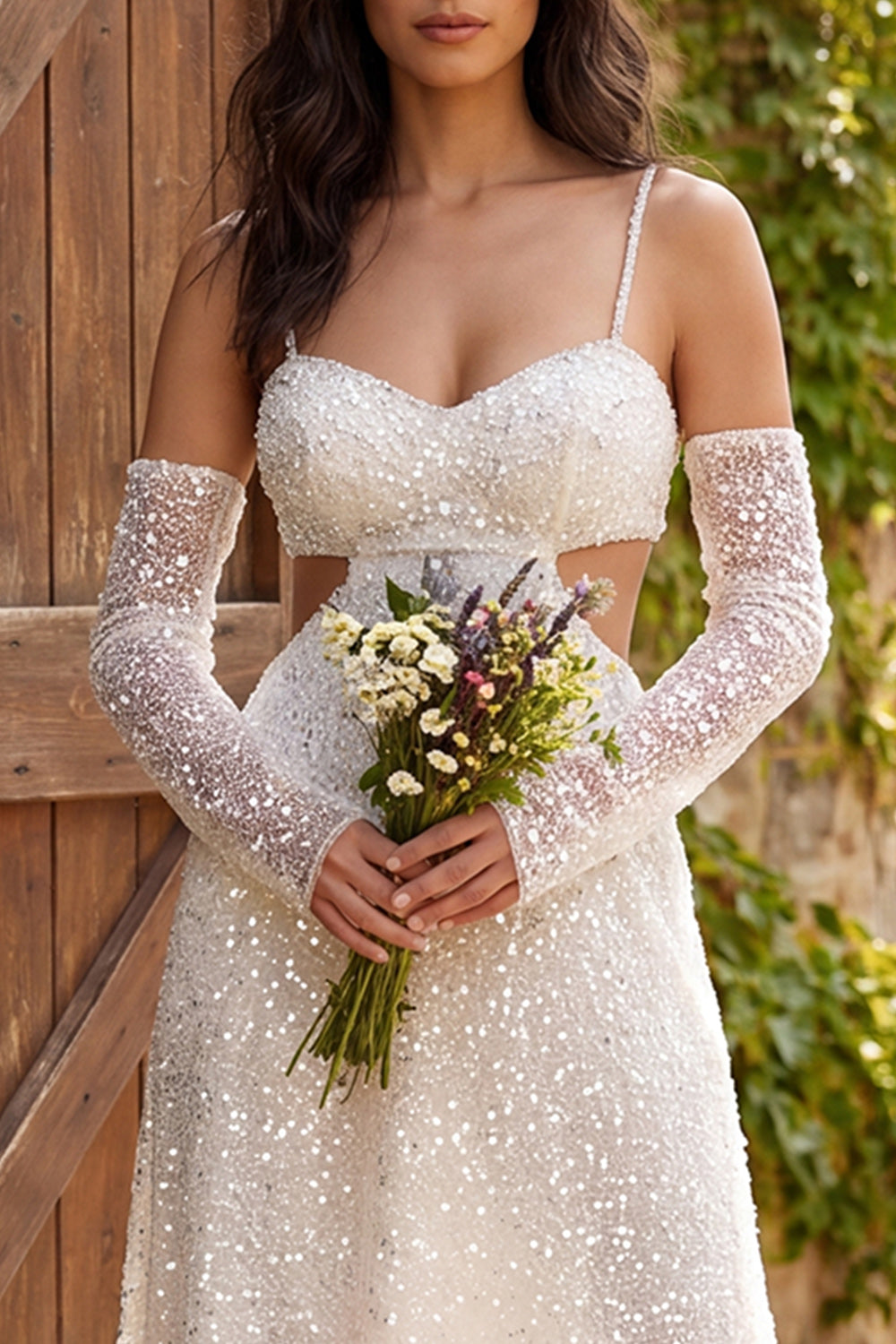 Ivory Sparkly Sequin A-Line Midi Engagement Dress with Sleeves