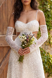 Ivory Sparkly Sequin A-Line Midi Engagement Dress with Sleeves