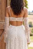 Ivory Sparkly Sequin A-Line Midi Engagement Dress with Sleeves