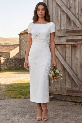 Floral Ivory Bodycon Midi Engagement Dress with Beading