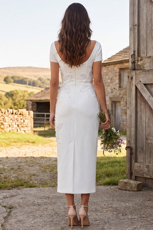 Floral Ivory Sheath Maxi Engagement Dress with Beading