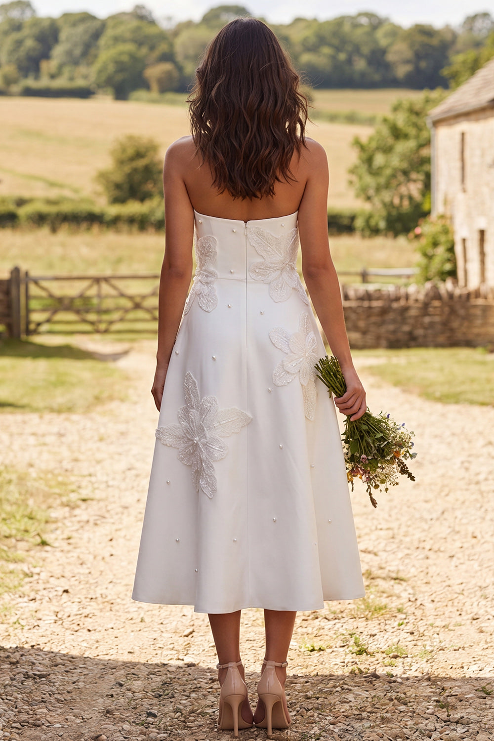 Floral Ivory A-Line Midi Engagement Dress with Beading