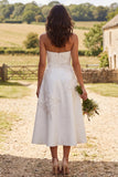 Floral Ivory A-Line Midi Engagement Dress with Beading