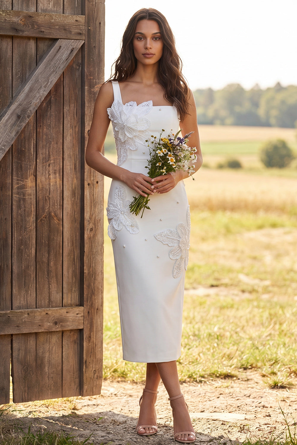 Floral Ivory Square Neck Bodycon Midi Engagement Dress with Beading