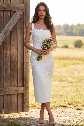 Floral Ivory Square Neck Bodycon Midi Engagement Dress with Beading