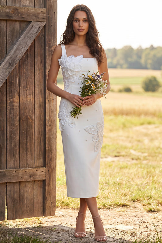 Floral Ivory Square Neck Sheath Maxi Engagement Dress with Beading