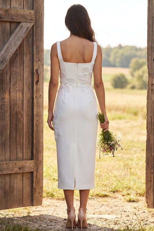 Floral Ivory Square Neck Sheath Maxi Engagement Dress with Beading
