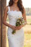 Floral Ivory Square Neck Bodycon Midi Engagement Dress with Beading