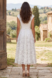 Floral Ivory Boat Neck A-Line Midi Engagement Dress with Cap Sleeves