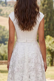 Floral Ivory Boat Neck A-Line Midi Engagement Dress with Cap Sleeves