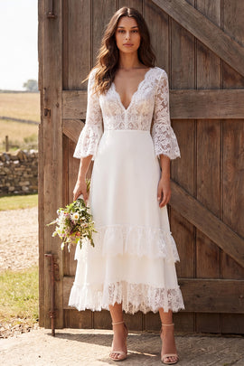 3/4 Sleeves Ivory Lace V-Neck A-Line Midi Engagement Dress