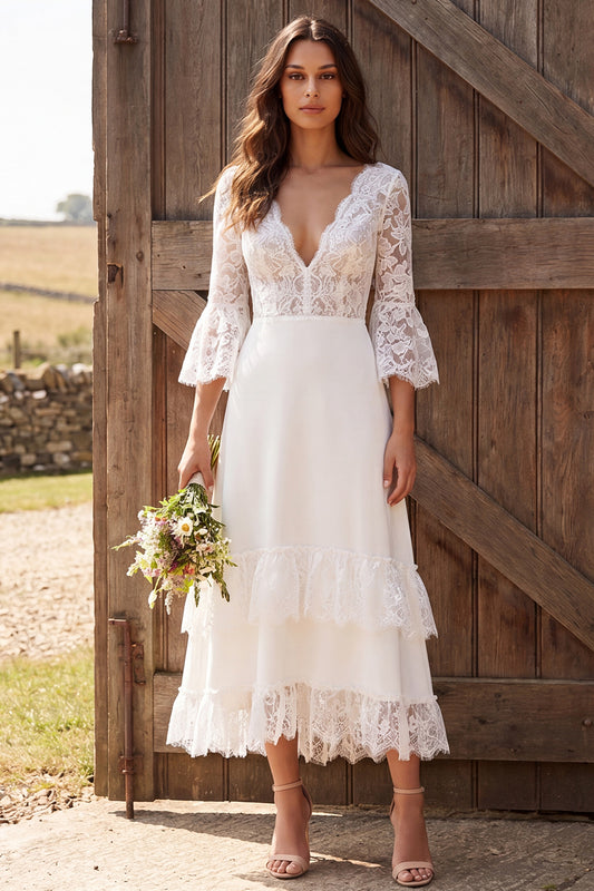 3/4 Sleeves Ivory Lace V-Neck A-Line Maxi Engagement Dress