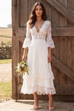 3/4 Sleeves Ivory Lace V-Neck A-Line Midi Engagement Dress