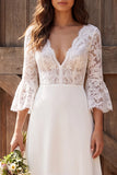 3/4 Sleeves Ivory Lace V-Neck A-Line Midi Engagement Dress