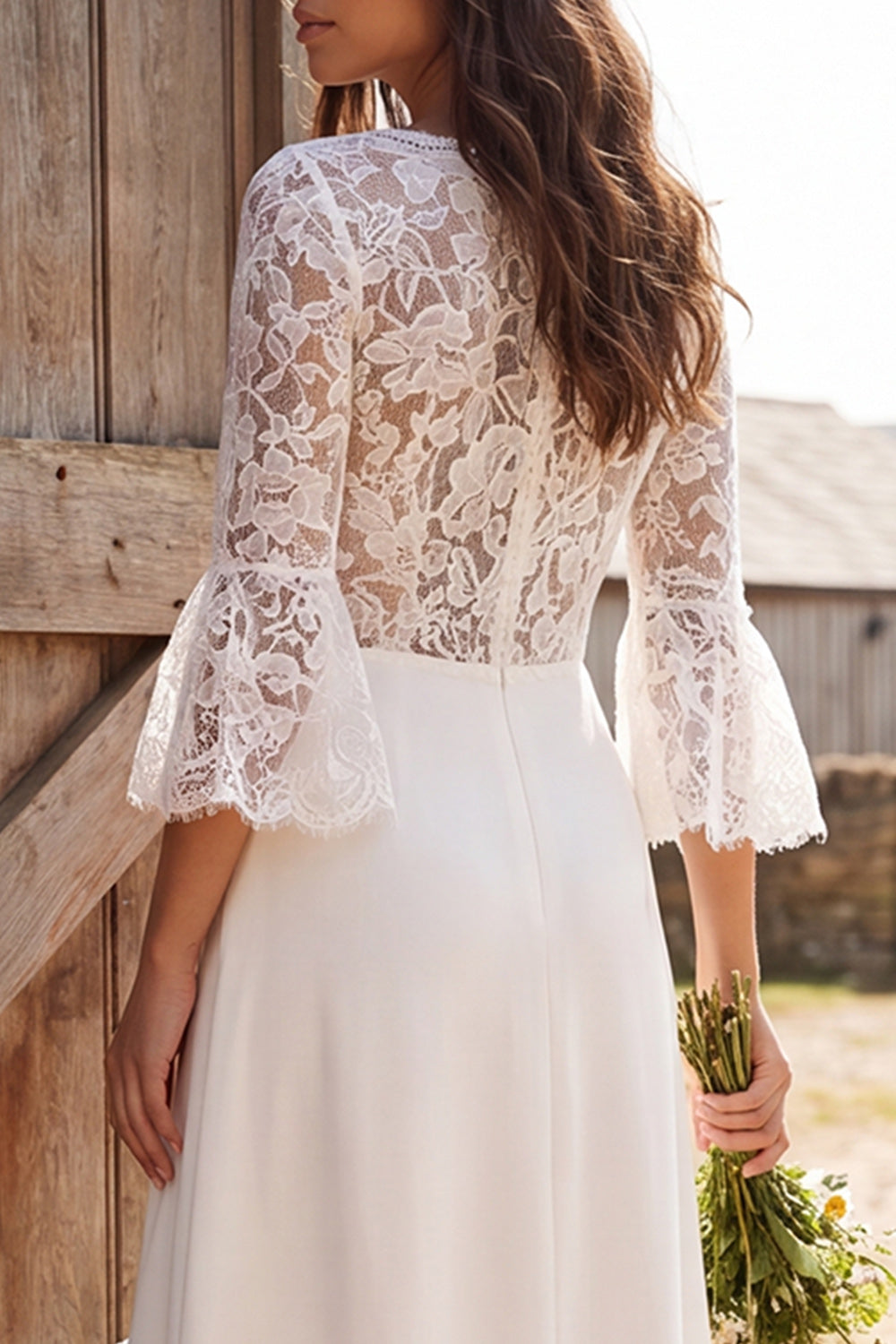 3/4 Sleeves Ivory Lace V-Neck A-Line Midi Engagement Dress