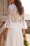 3/4 Sleeves Ivory Lace V-Neck A-Line Midi Engagement Dress