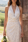Sparkly Ivory Sequin Ruched Halter Neck Sheath Maxi Engagement Dress
