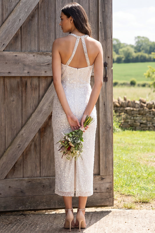 Sparkly Ivory Sequin Halter Neck Sheath Maxi Engagement Dress