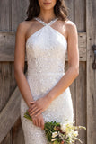 Sparkly Ivory Sequin Halter Neck Sheath Maxi Engagement Dress