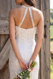 Sparkly Ivory Sequin Halter Neck Sheath Maxi Engagement Dress