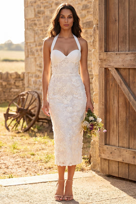 Floral Ivory Lace Halter Neck Sheath Maxi Engagement Dress