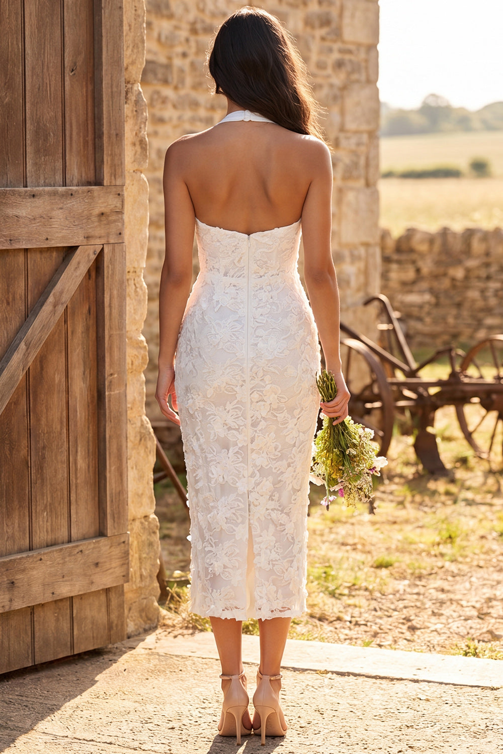 Floral Ivory Lace Halter Neck Sheath Maxi Engagement Dress