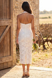 Floral Ivory Lace Halter Neck Sheath Maxi Engagement Dress