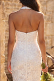 Floral Ivory Lace Halter Neck Sheath Maxi Engagement Dress