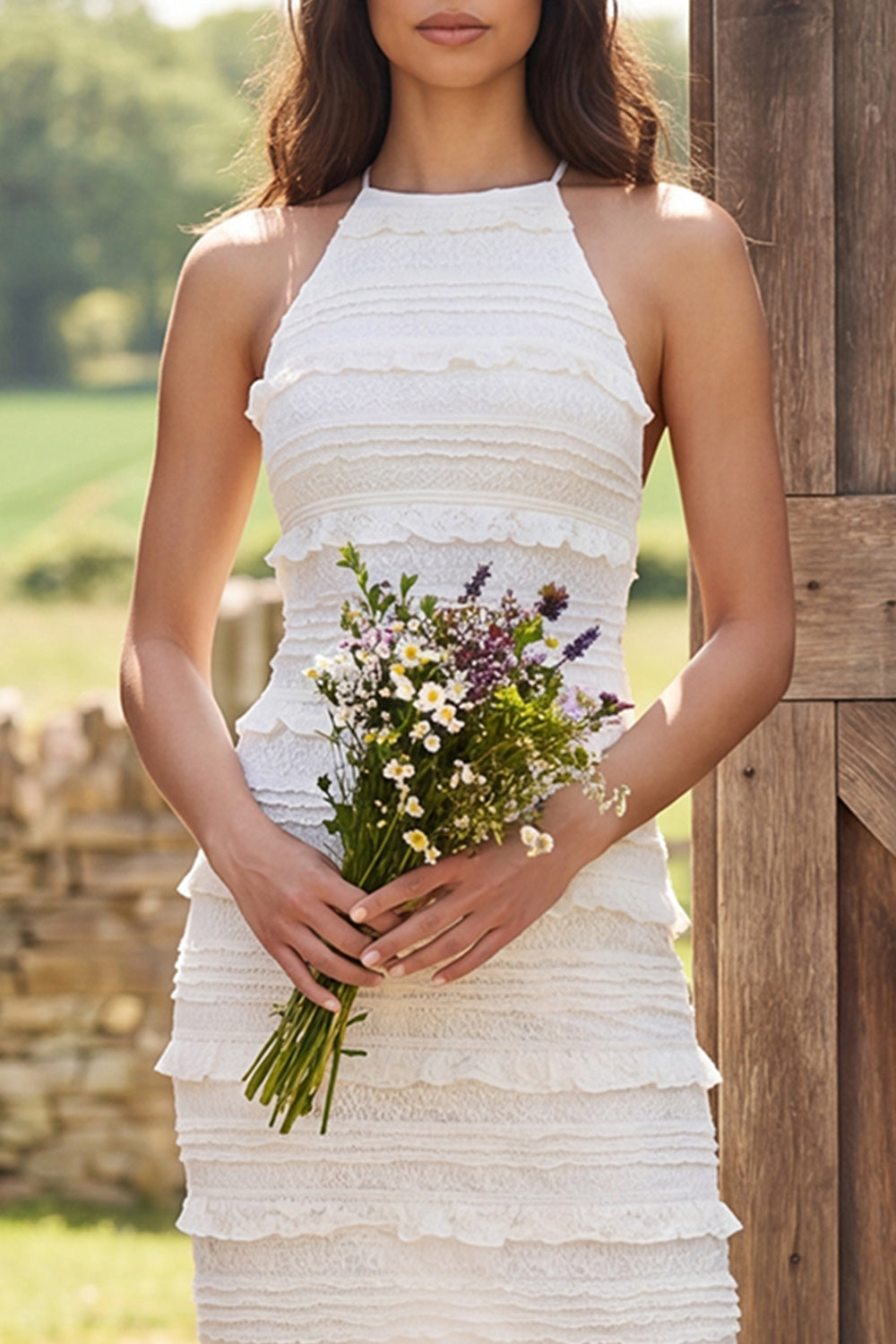 Ivory Lace Halter Neck Sheath Maxi Engagement Dress