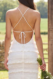 Ivory Lace Halter Neck Sheath Maxi Engagement Dress
