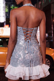 Sparkly Mint Green Corset Short Tight Homecoming Dress with Ruffles