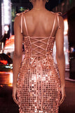 Sparkly Sequin Champagne Corset Tight Short Homecoming Dress with Bows