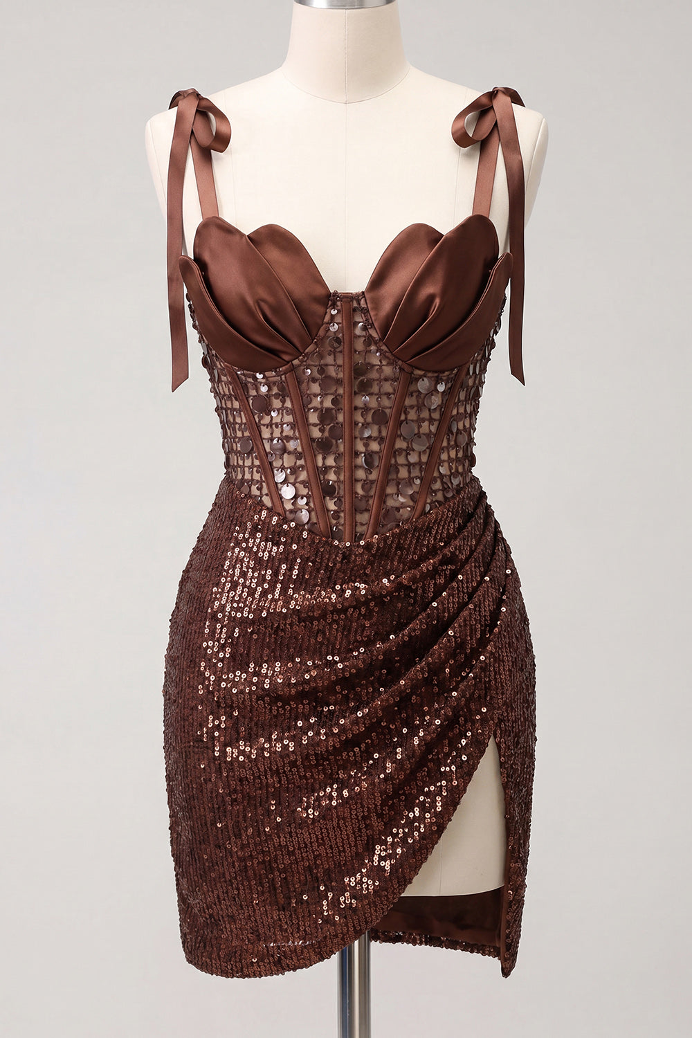 Sparkly Champagne Sequin Corset Short Tight Ruched Homecoming Dress