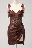 Sparkly Champagne Sequin Corset Short Tight Ruched Homecoming Dress