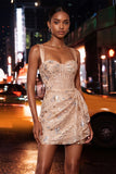 Floral Apricot Corset Ruched Tight Short Homecoming Dress with Beading