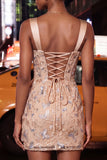 Floral Apricot Corset Ruched Tight Short Homecoming Dress with Beading